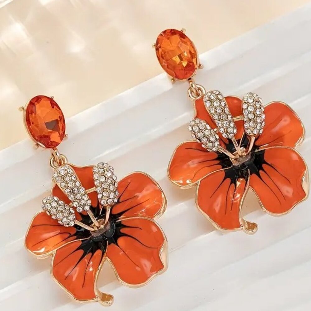NEW Orange enamel rhinestone lily dangle earrings SO PRETTY Betsey Johnson